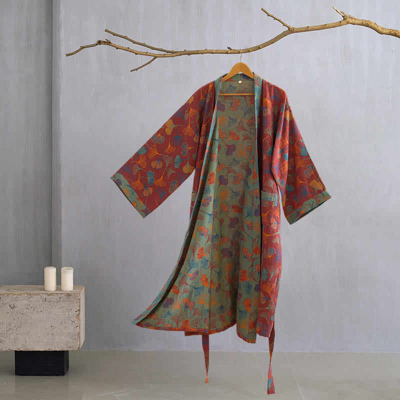 Dames Kimono Badjas Met Ginkgoprint En Tweekleurige Binnenkant in Baksteenrood/Groen