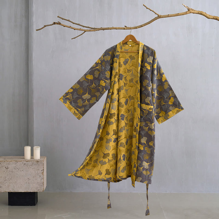 Dames Kimono Badjas Met Ginkgoprint En Tweekleurige Binnenkant in Donkergrijs/Geel