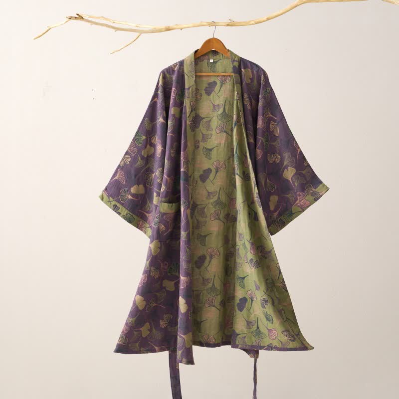 Dames Kimono Badjas Met Ginkgoprint En Tweekleurige Binnenkant in Paars/Groen