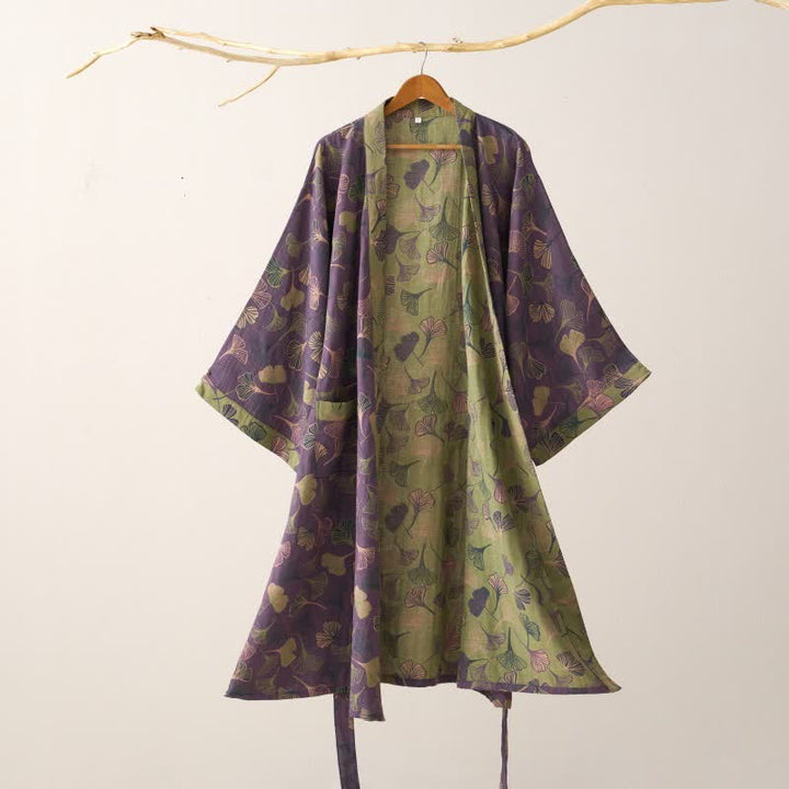 Dames Kimono Badjas Met Ginkgoprint En Tweekleurige Binnenkant in Paars/Groen