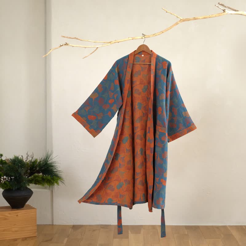 Dames Kimono Badjas Met Ginkgoprint En Tweekleurige Binnenkant in Blauw/Oranje
