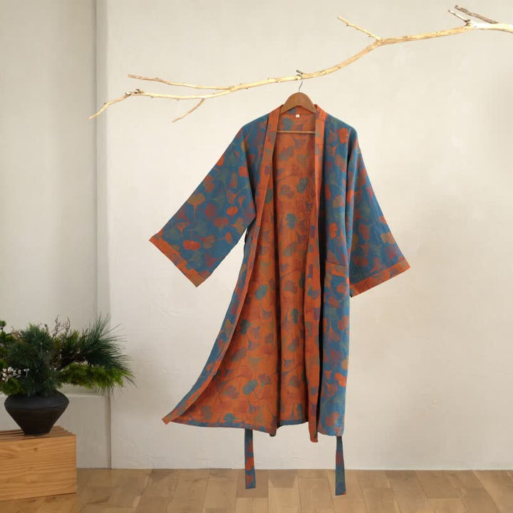 Dames Kimono Badjas Met Ginkgoprint En Tweekleurige Binnenkant in Blauw/Oranje
