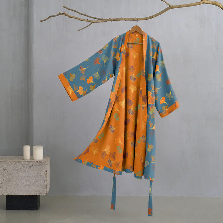 Dames Kimono Badjas Met Ginkgoprint En Tweekleurige Binnenkant in Blauw/Oranje