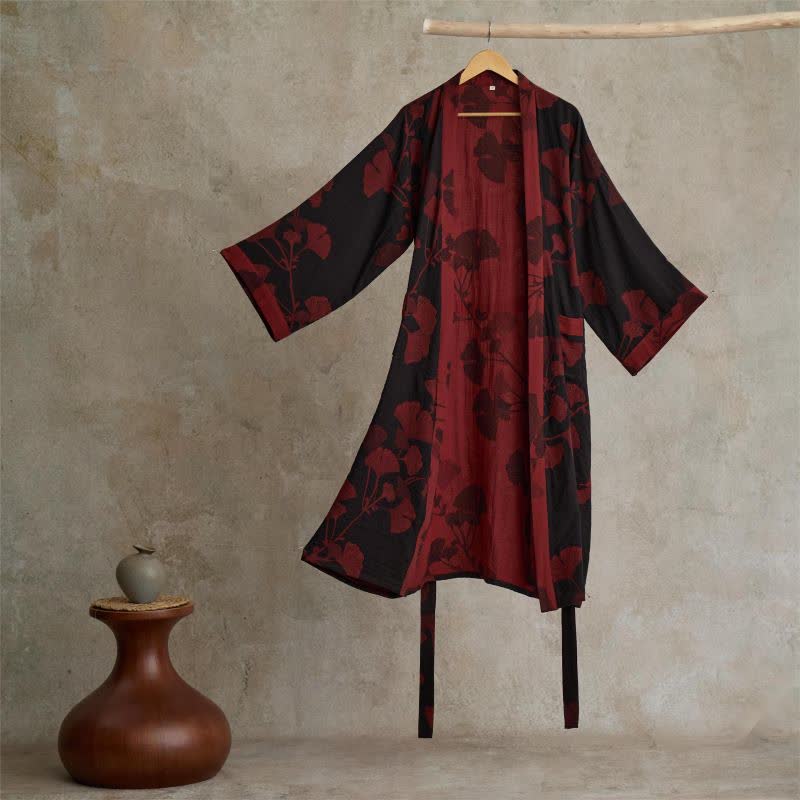Unisex Kimono Badjas Met Ginkgoprint En Omkeerbaar Ontwerp in Zwart/Rood