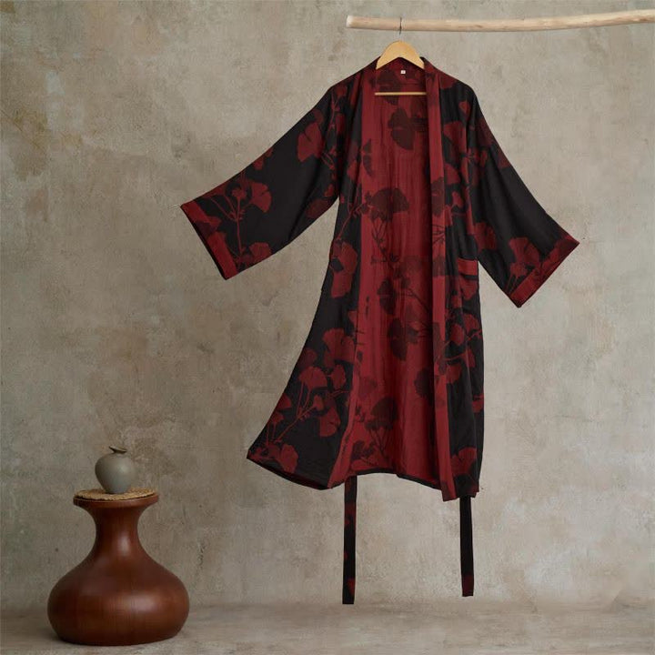 Unisex Kimono Badjas Met Ginkgoprint En Omkeerbaar Ontwerp in Zwart/Rood