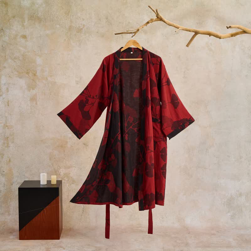 Unisex Kimono Badjas Met Ginkgoprint En Omkeerbaar Ontwerp in Rood/Zwart
