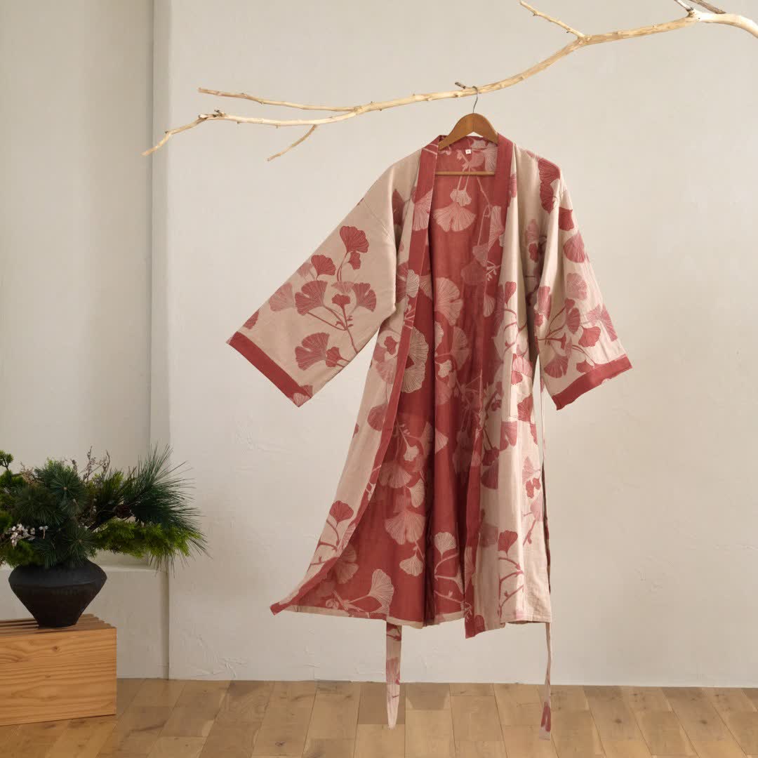 Unisex Kimono Badjas Met Ginkgoprint En Omkeerbaar Ontwerp in Beige/Rood