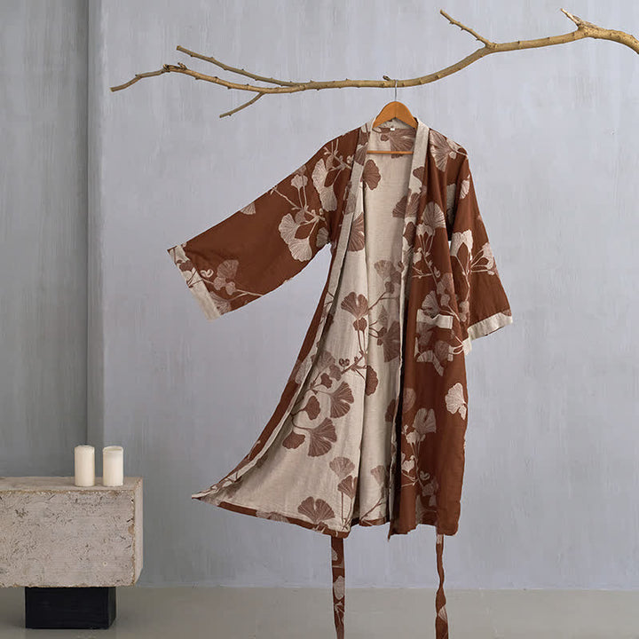 Unisex Kimono Badjas Met Ginkgoprint En Omkeerbaar Ontwerp in Bruin/Beige