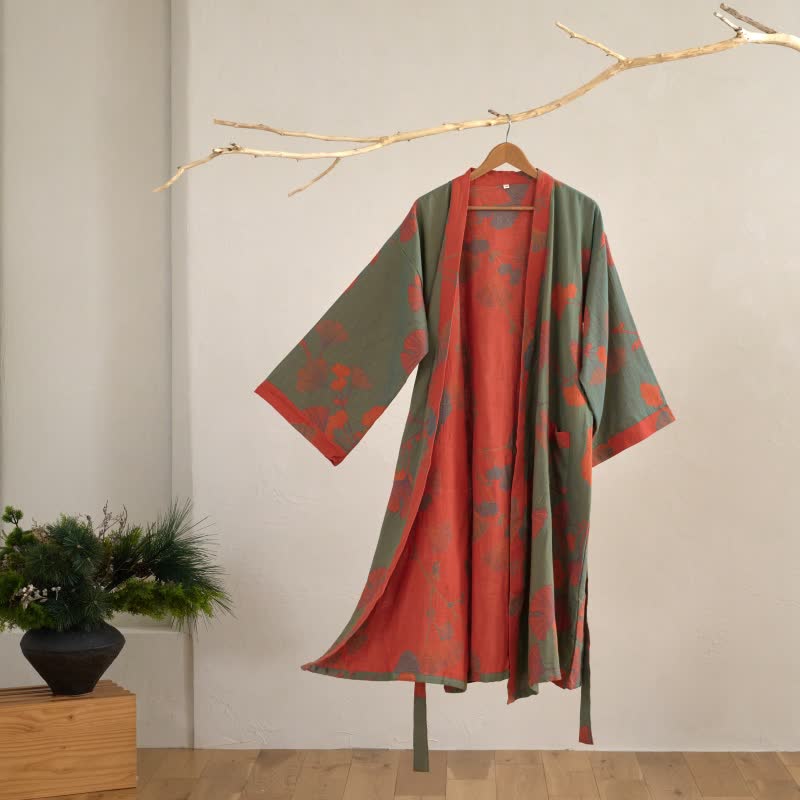 Unisex Kimono Badjas Met Ginkgoprint En Omkeerbaar Ontwerp in Groen/Oranje