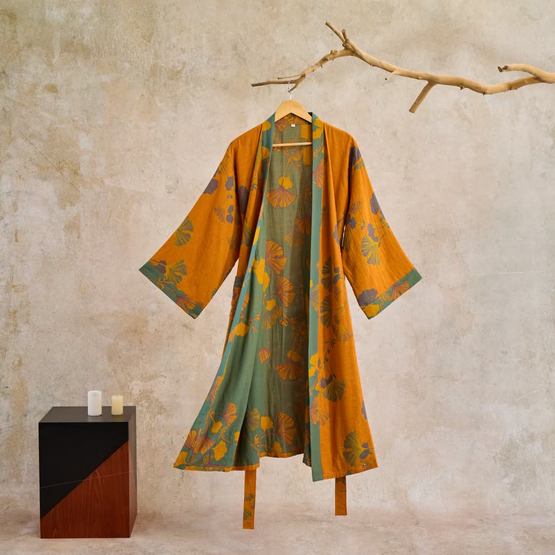 Unisex Kimono Badjas Met Ginkgoprint En Omkeerbaar Ontwerp in Geel/Groen