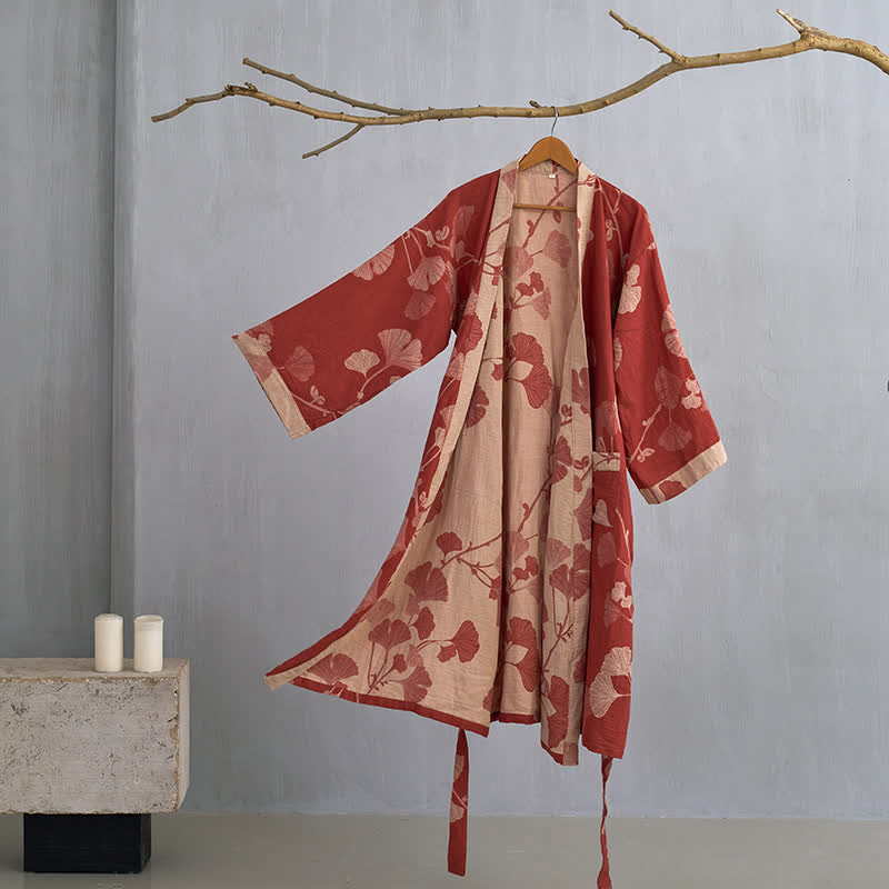 Unisex Kimono Badjas Met Ginkgoprint En Omkeerbaar Ontwerp in Rood/Beige