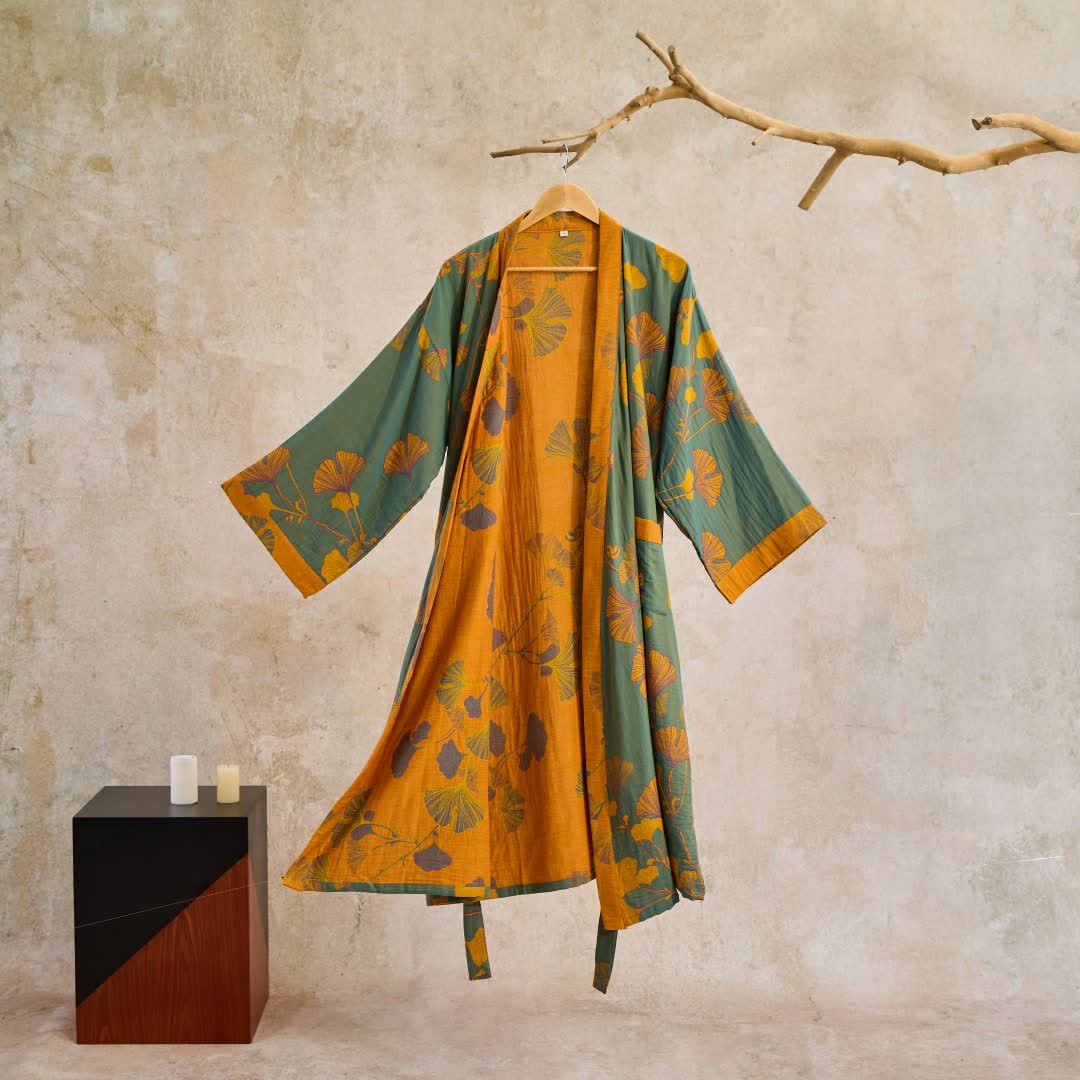 Unisex Kimono Badjas Met Ginkgoprint En Omkeerbaar Ontwerp in Groen/Geel