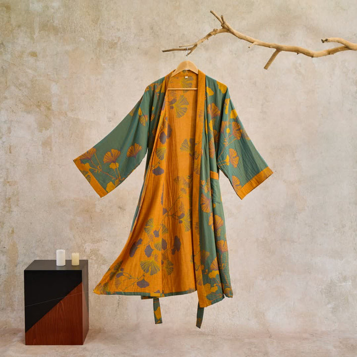 Unisex Kimono Badjas Met Ginkgoprint En Omkeerbaar Ontwerp in Groen/Geel