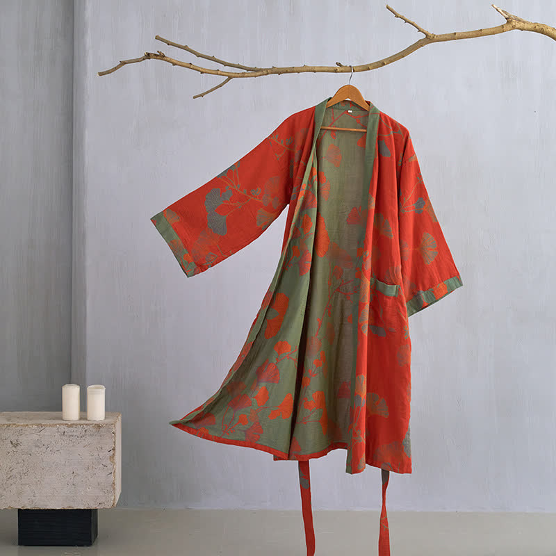 Unisex Kimono Badjas Met Ginkgoprint En Omkeerbaar Ontwerp in Oranje/Groen