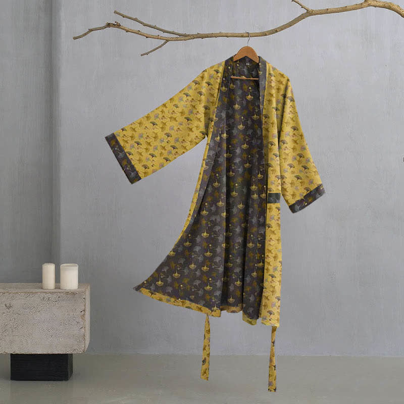 Dames Tweekleurige Kimono Badjas Met Ginkgoprint En Ceintuur in Geel/Grijs