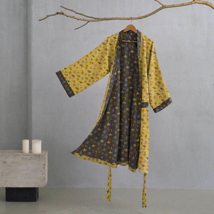 Dames Tweekleurige Kimono Badjas Met Ginkgoprint En Ceintuur in Geel/Grijs