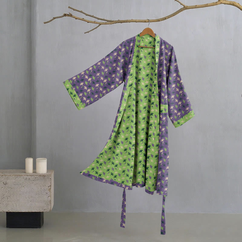 Dames Tweekleurige Kimono Badjas Met Ginkgoprint En Ceintuur in Paars/Groen