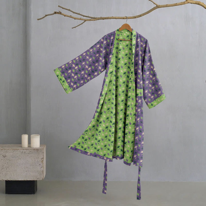 Dames Tweekleurige Kimono Badjas Met Ginkgoprint En Ceintuur in Paars/Groen