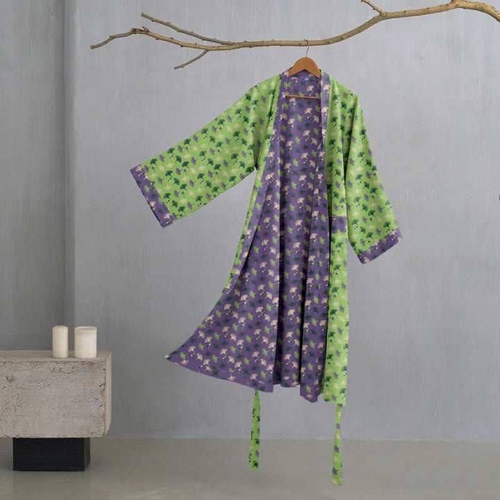 Dames Tweekleurige Kimono Badjas Met Ginkgoprint En Ceintuur in Groen/Paars