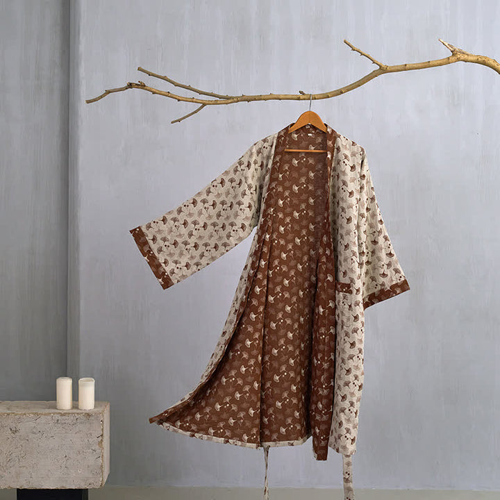 Dames Tweekleurige Kimono Badjas Met Ginkgoprint En Ceintuur in Beige/Koffie