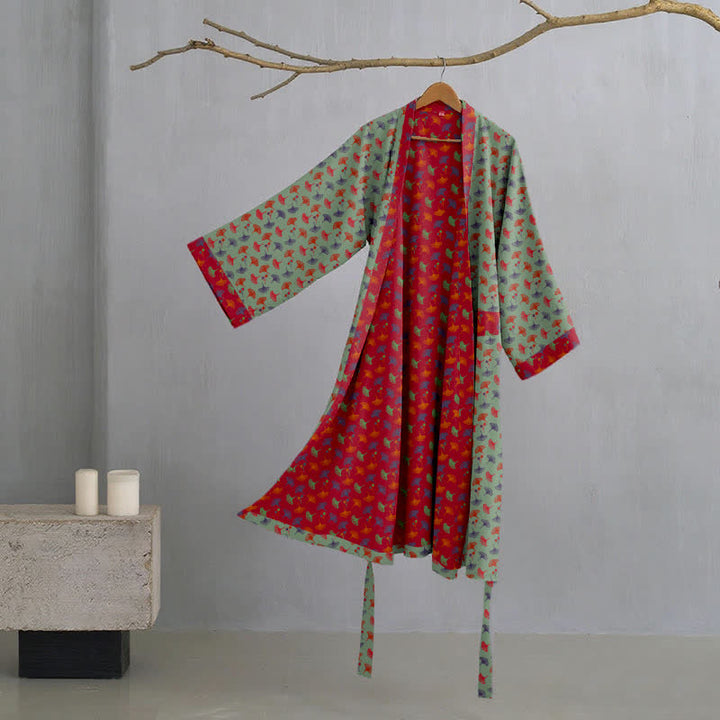 Dames Tweekleurige Kimono Badjas Met Ginkgoprint En Ceintuur in Groen/Rood