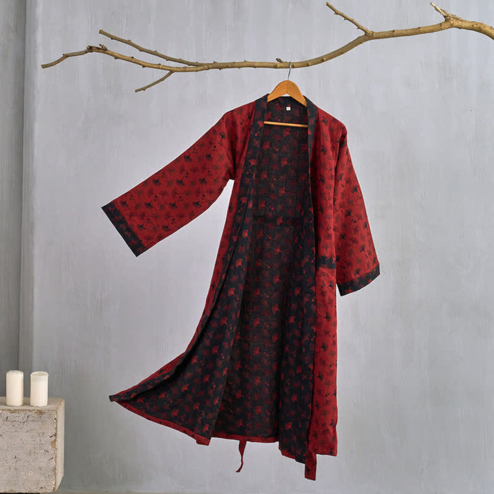 Dames Tweekleurige Kimono Badjas Met Ginkgoprint En Ceintuur in Rood/Zwart