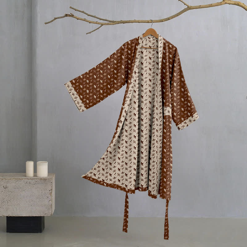 Dames Tweekleurige Kimono Badjas Met Ginkgoprint En Ceintuur in Koffie/Beige