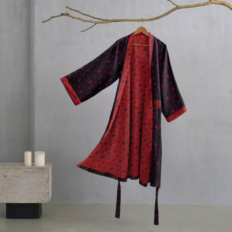 Dames Tweekleurige Kimono Badjas Met Ginkgoprint En Ceintuur in Zwart/Rood