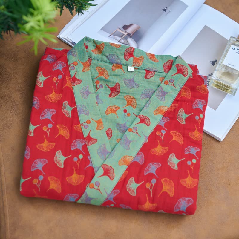 Gevouwen kimono badjas in Rood/Groen met contrasterende kraag