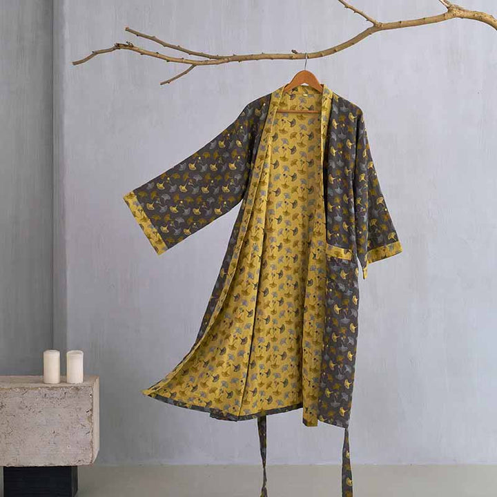 Dames Tweekleurige Kimono Badjas Met Ginkgoprint En Ceintuur in Grijs/Geel