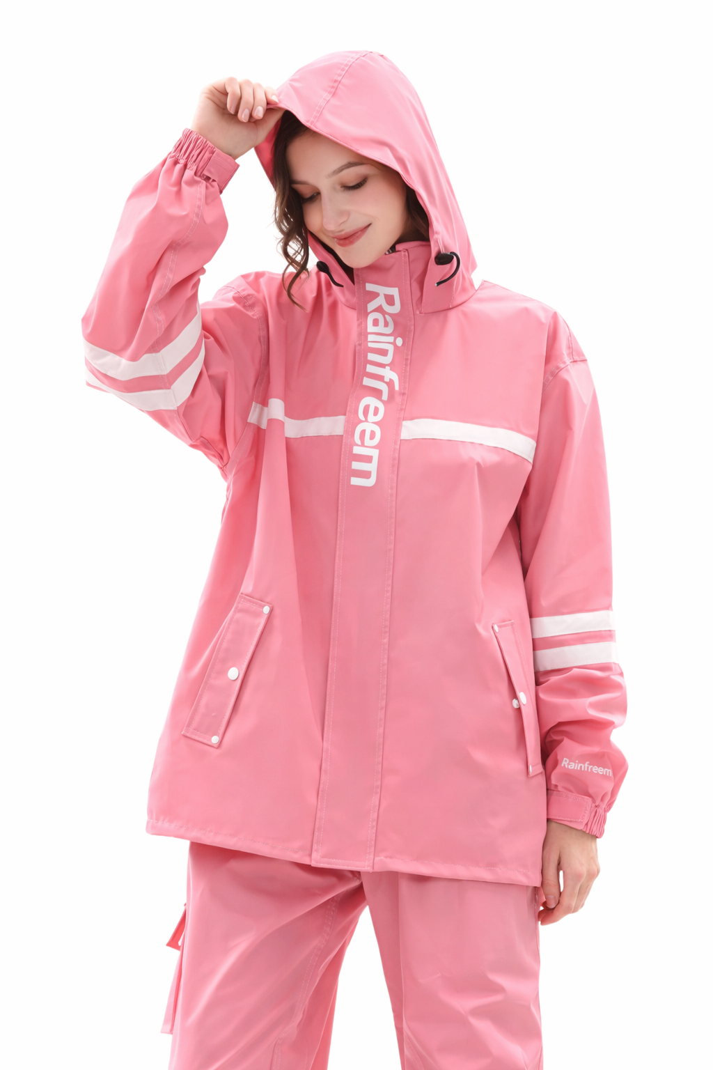 Dames regenpak roze met capuchon en reflectiestrepen