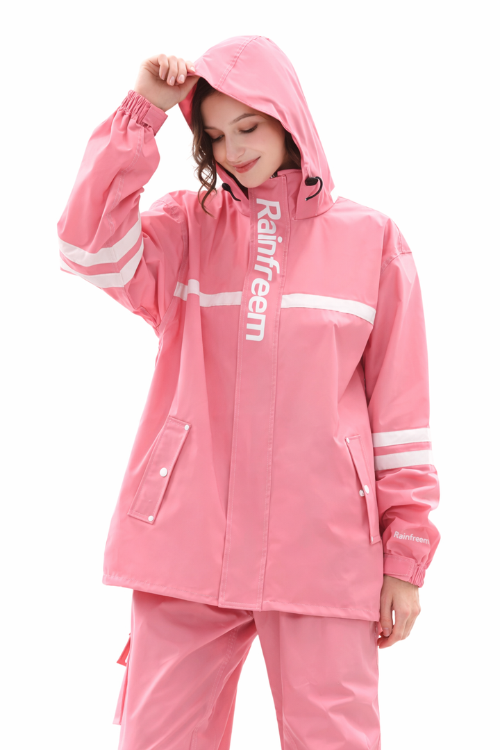 Dames regenpak roze met capuchon en reflectiestrepen