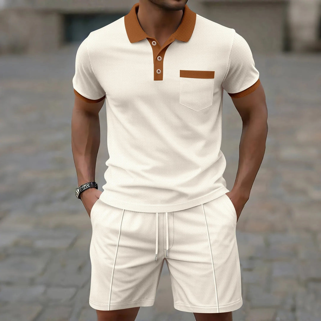 Heren Poloset Met Contrastkraag En Bijpassende Short in Kaki