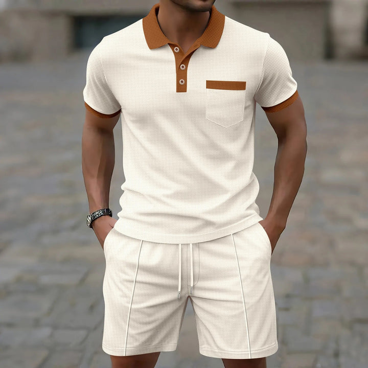 Heren Poloset Met Contrastkraag En Bijpassende Short in Kaki