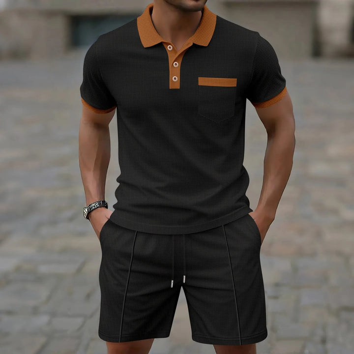 Heren Poloset Met Contrastkraag En Bijpassende Short in Zwart
