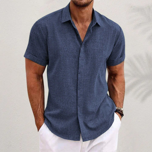 Heren Overhemd Met Korte Mouwen In Linnenlook En Reverskraag in Marineblauw