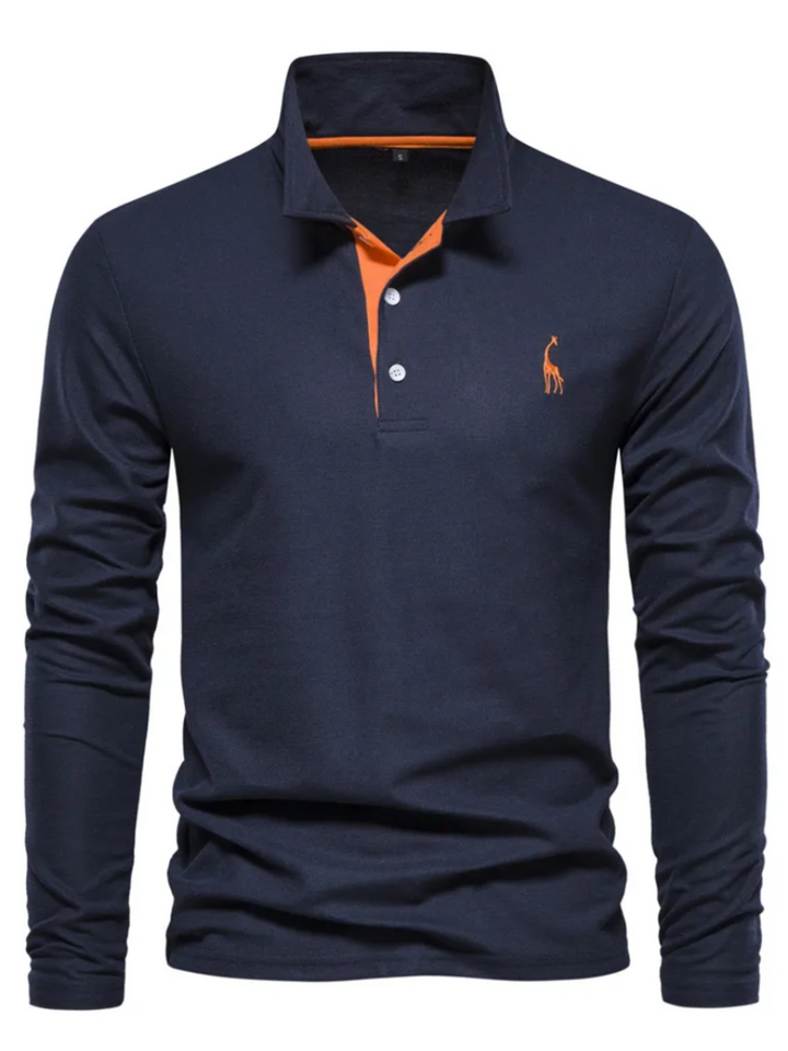 Heren Longsleeve Poloshirt Met Contrasterende Knoopsluiting in Marineblauw