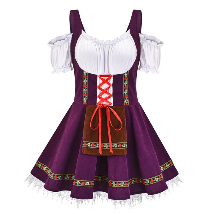 Dirndl jurk in paars met rode kruisveter en geborduurde sierband