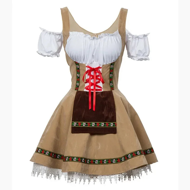 Dirndl jurk in khaki met wit blousedeel en geborduurde band