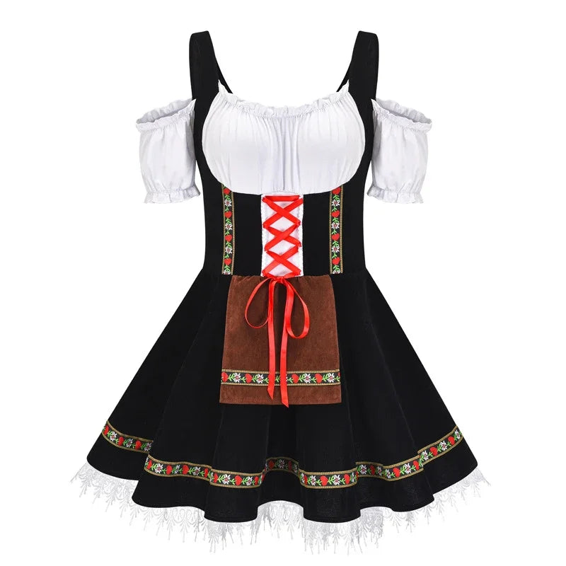 Dirndl jurk in zwart met wit blousedeel, rode kruisveter en bruin schortje