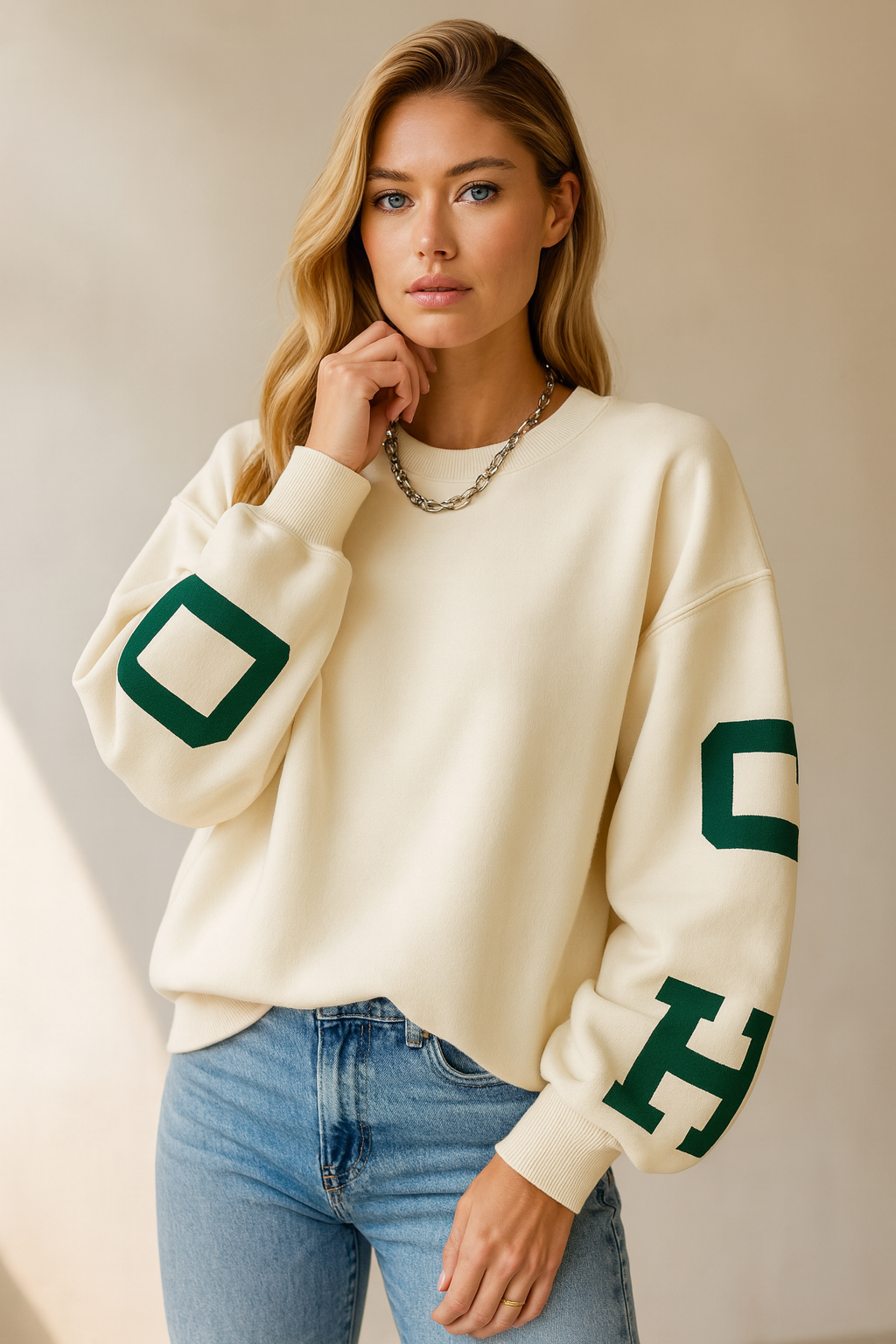 Dames Oversized Crewneck Trui Met Contrasterende Letters detailfoto 5