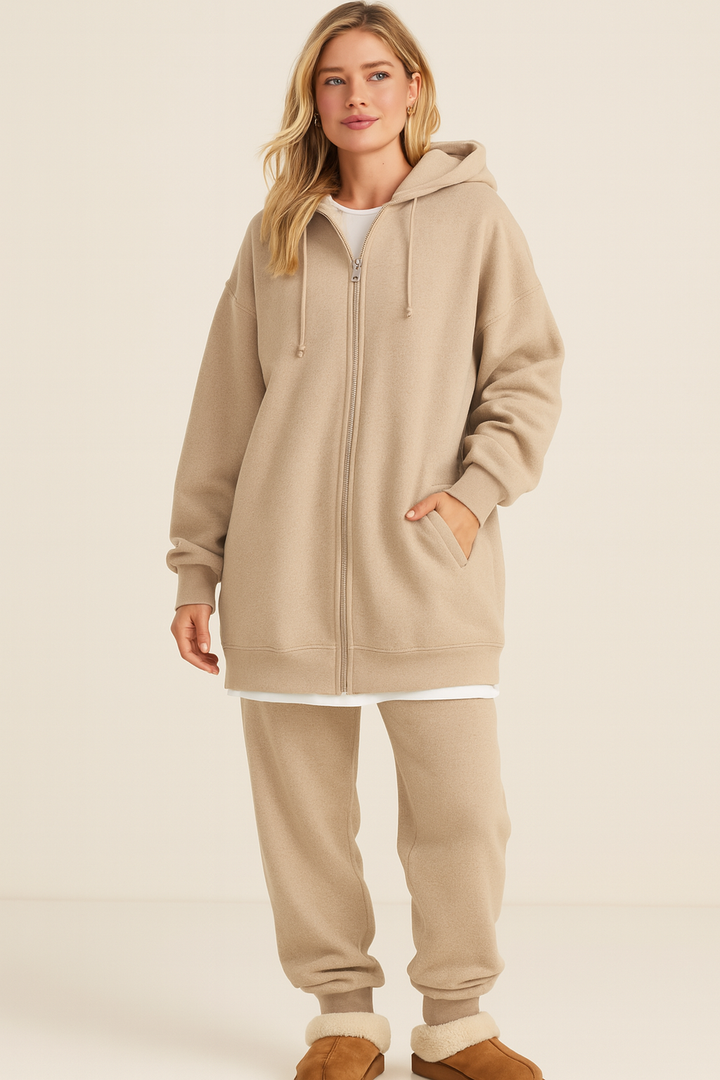 Dames Comfortabele Oversized Hoodie Met Rits En Capuchon detailfoto 4