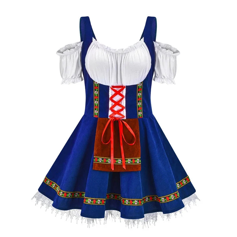 Dirndl jurk in blauw met witte pofmouwen en bruin schortje