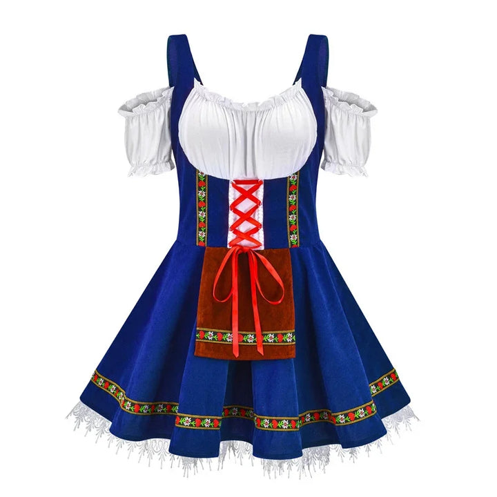 Dirndl jurk in blauw met witte pofmouwen en bruin schortje