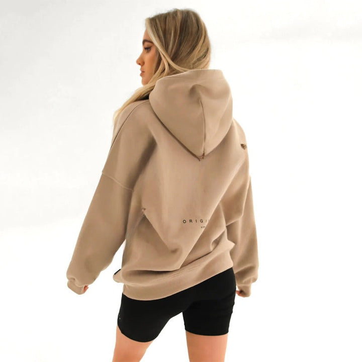 Dames oversized hoodie khaki, achteraanzicht
