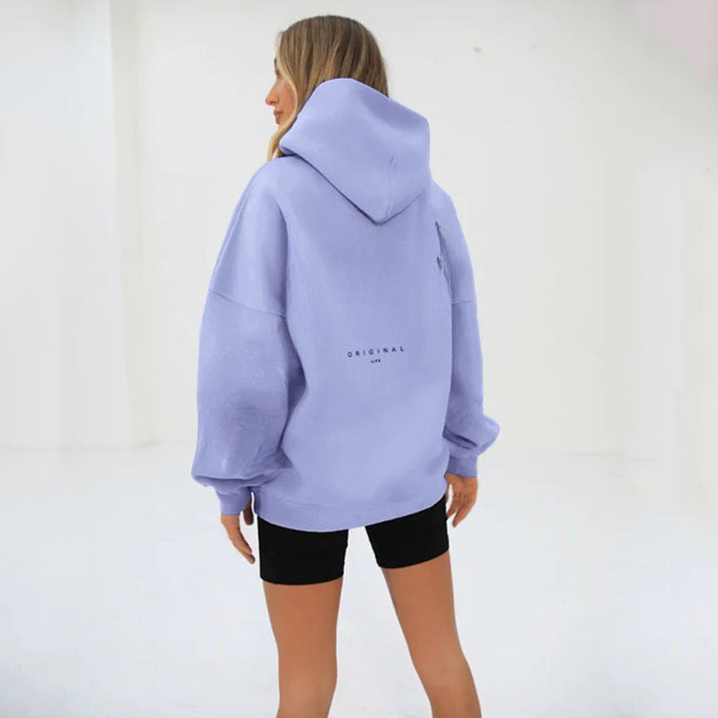 Dames oversized hoodie lila, achteraanzicht met capuchon