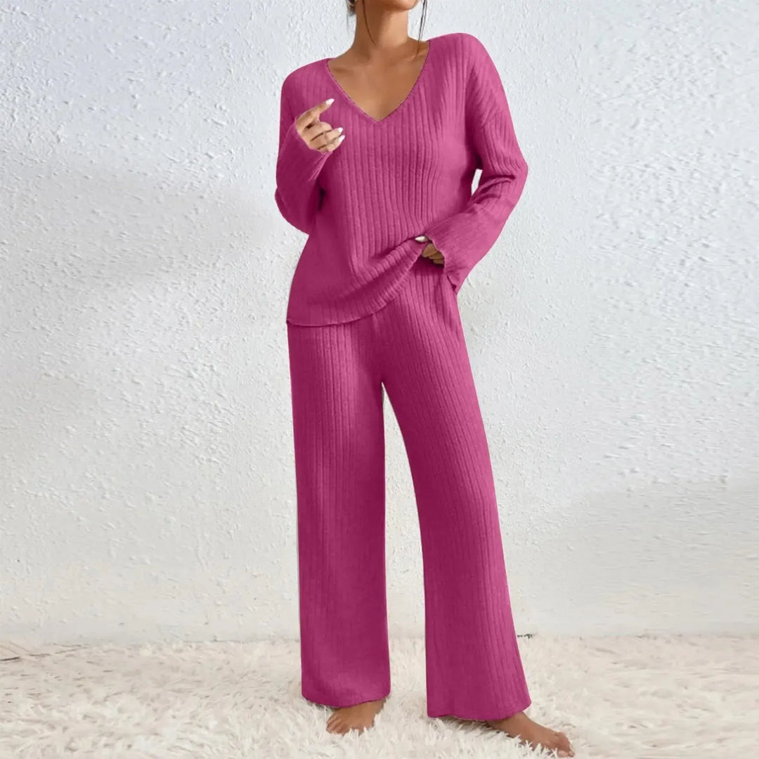 Dames Ribgebreid Huispak Met V-Hals Trui En Wijde Broek in Fuchsia