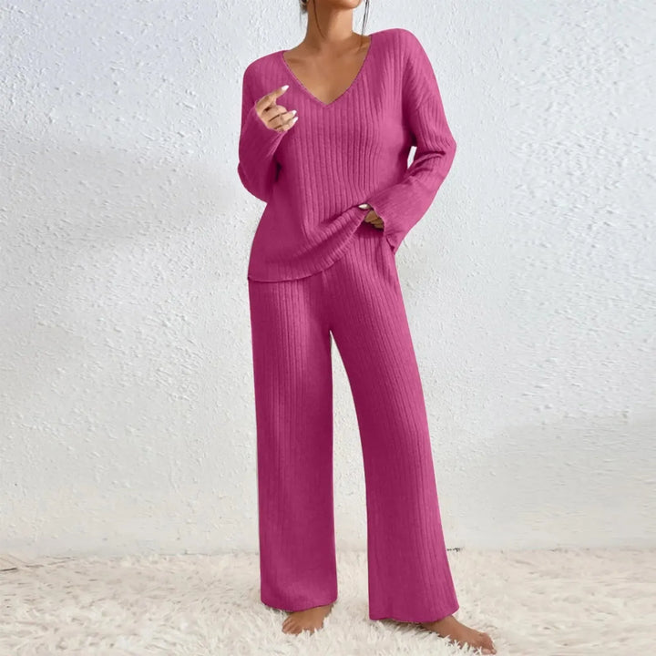 Dames Ribgebreid Huispak Met V-Hals Trui En Wijde Broek in Fuchsia