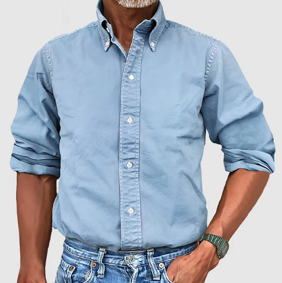 Heren Casual Overhemd Met Button-Down Kraag En Lange Mouwen in Lichtblauw