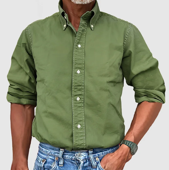 Heren Casual Overhemd Met Button-Down Kraag En Lange Mouwen in Legergroen